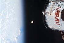 A picture of the Earth Moon and the Hubble Space Telescope shot by the crew of Space Shuttle Discovery 