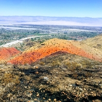 A rare mix of red and green over Palm Springs CA after a recent wildfire 
