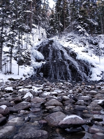 A small waterfall flowing in to Maligne River Jasper Canada 