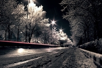 A snowy street at night in Tehran Iran 