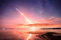 A starry night and the Milky Way witnessed the launch of LADEE to the Moon four days ago This  second exposure captures part of the rockets initial launch streak and nd stage ignition flare along with a brilliant reflection of the fiery sky in calm waters