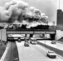 A steam train roars over Detroits John C Lodge Freeway in the s 