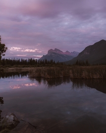A sunset over Vermillion Lakes in Banff AB 