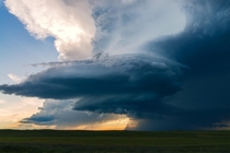 A supercell thunderstorm racing across the Saskatchewan prairie 