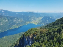 A surreal view over Lake Bohinj and the Julian alps Slovenia 