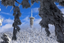 A telecommunications tower is seen on the top of a snow-covered slope on Mount Parnitha near Athens Greece on January  