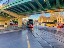 A tram glides through a triple level interchange in Istanbuls Old City