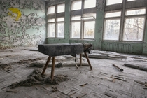A very radioactive balance beam in the gymnasium of Pripyat Number  Middle School
