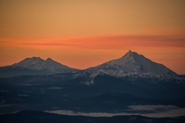 A view of Mt Jefferson North Sister and Middle Sister from Mt Hood Oregon before the sunrise  Photo by Jason George