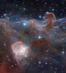 A wider view of the Horsehead Nebula and NGC  lower left in near-infrared wavelengths Using combined image data from the ground-based VISTA telescope and Hubble this image spans  light-years The nebulas lie  light-years away  Image credit ESOVISTA amp Rob