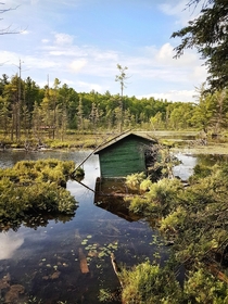 Abandoned boathouse slowly sinking Devils Lake Ontario Canada