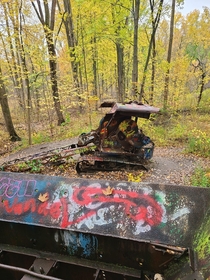 Abandoned construction equipment in a small path through the woods
