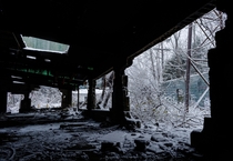 Abandoned factory in the woods by my house during a little snowstorm we had this week