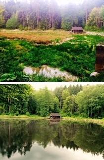 Abandoned fisher hut without and with water in Burgenland Austria 