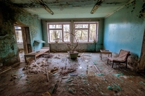 Abandoned hospital waiting room Prypyat Ukraine