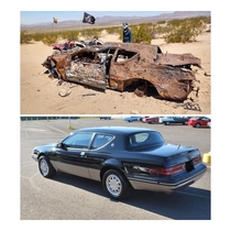 Abandoned  Mercury Cougar in the California desert with lots of bullet holes The photog is unknown I the below picture is what it may have looked like once