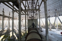 Abandoned nuclear cooling tower in Pripyat Chernobyl This photo was taken in November 