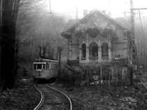Abandoned streetcar and stationhouse