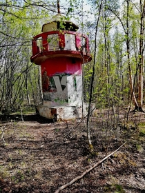 Abandoned tiny lighthouse in a forrest near a sea
