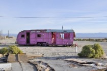 Abandoned trailer in the desert that someone painted pink Palm Desert CA 