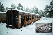 Abandoned train carriages used to evacuate people from Kiev to Moscow during the Chernobyl disaster see BampW inset photo Then used to evacuate people from Pripyat to Kiev subsequently dumped due to radiation contamination Photo taken Feb 
