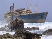 Abandoned wreck of the SS America at Playa de Garcey Fuerteventura in the Canary Islands