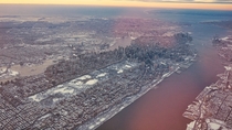 aerial Manhattan - Central Park to the Atlantic winter sunset