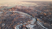 Aerial view of Boston after a blizzard 