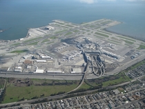 Aerial view of the San Francisco International Airport and its infrastructure 