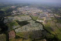 Aerial view of the vast temporary city which has sprung up at the Glastonbury Festival 