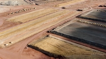 Aerial view of uranium mill tailings pile cleanup next to Colorado River near Moab Utah