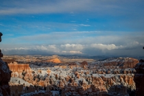 After a sudden winter storm rolled through the afternoon sun broke through the clouds giving us this incredible view Bryce Canyon National Park UT USA 