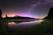After adventuring around Mt Rainier National Park for a few hours I captured this massive panorama of the Northern Lights and green airglow over a beautiful lake