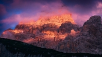 Alpenglow in the Dolomites in northern Italy 