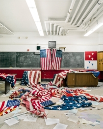 American flags I found scattered all over a classroom floor of an abandoned high school 