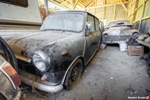 An abandoned mini amp other cars in a barn 
