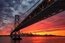 An amazing sunset from under a bridge in San Francisco