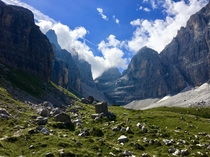 An amazing view from a mountain path in the Dolomites Italy 