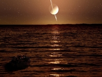 An Artists impression of The Hugens Probe floating above sea of Methane on Saturns Moon Titan