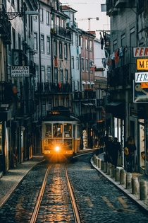 An incoming tram in Lisbon