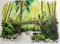 An old bridge in the middle of the Pacific Northwest US forest It took me about a month to finish this piece