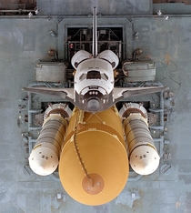 An overhead view of the Space Shuttle Atlantis at the Kennedy Space Center in August  