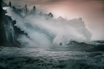 Angry ocean trying to grab a wall location cape disappointment state park Washington state 