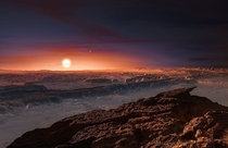 Artists conception of the surface of Proxima Centauri b an exoplanet orbiting in the habitable zone of the red dwarf star Proxima Centauri which is the closest star to the Sun It is located about  light-years from Earth 