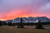August sunset over the Snowy Mountain Range Wyoming 