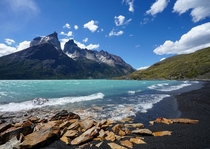 Beautiful black sand beach in Torres del Paine Chile 