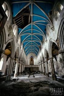 Beautiful blue ceiling in an abandoned and decaying Yorkshire church 