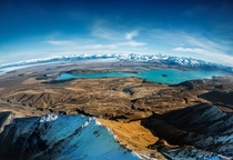 Beautiful Lake Pukaki in New Zealand from a helicopter 