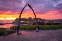 Beautiful sunset complemented by the famous whale bones of Whitby North Yorkshire UK