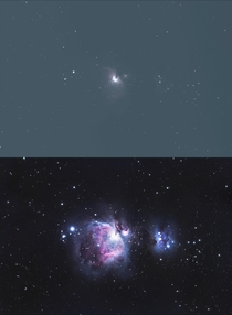 before and after processing the Orion Nebula from my backyard 